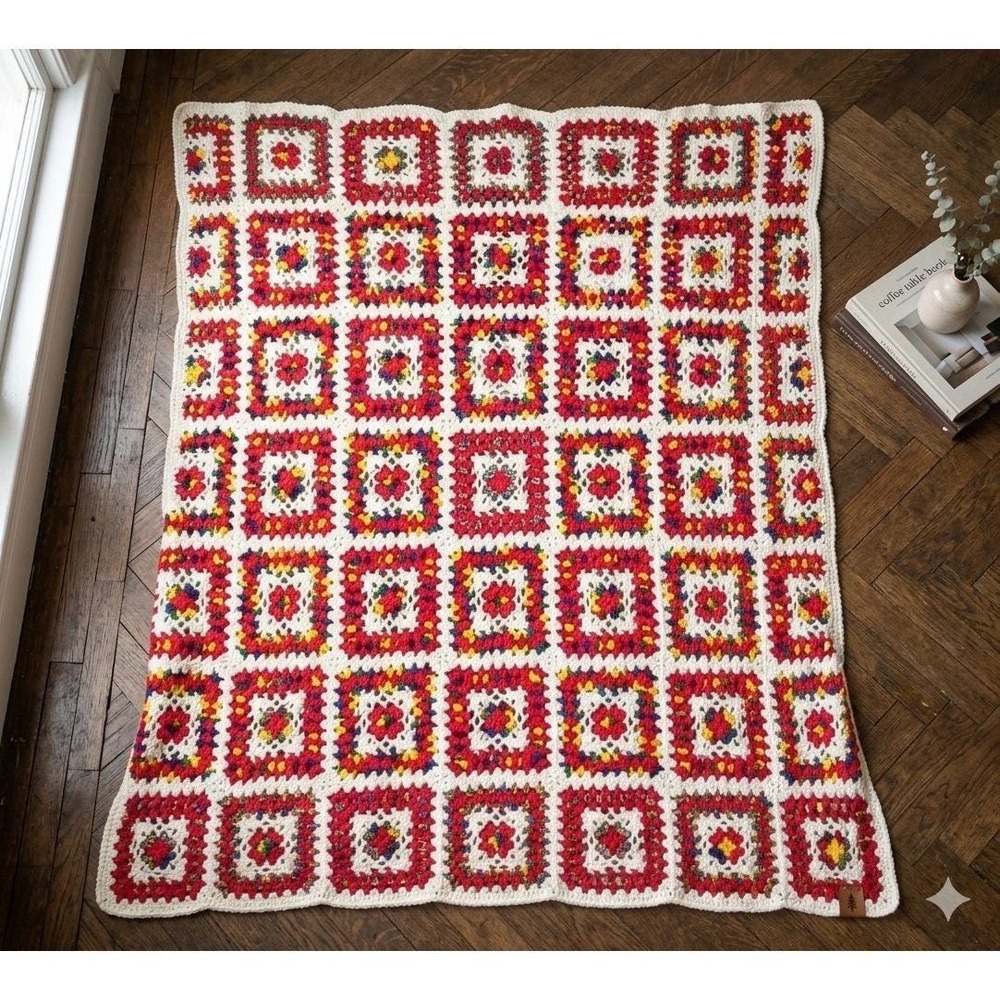 Vintage Handmade Crochet Granny Square Blanket Multicolor Grannycore 77x82 Lg